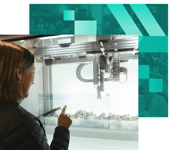 Woman pointing at plastic objects in a display
