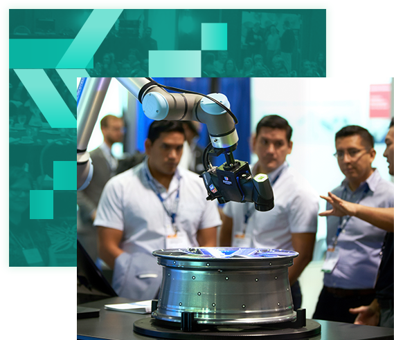 An exhibitor presenting a product to three expo attendees